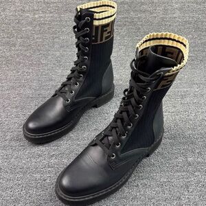 Fendi Black and Cream Women's Lace-Up Boots